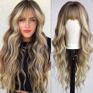 24 Inch Ombre Brown Rooted & Blonde highlights Wavy Hair with bangs Lon…